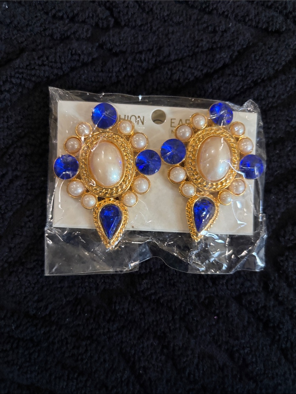 Gold-Tone Blue and Pearl Statement Earrings